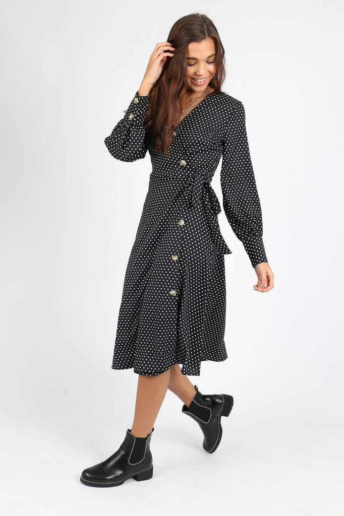 Black Polka Dot Side Tie Button Wrap Midi Dress