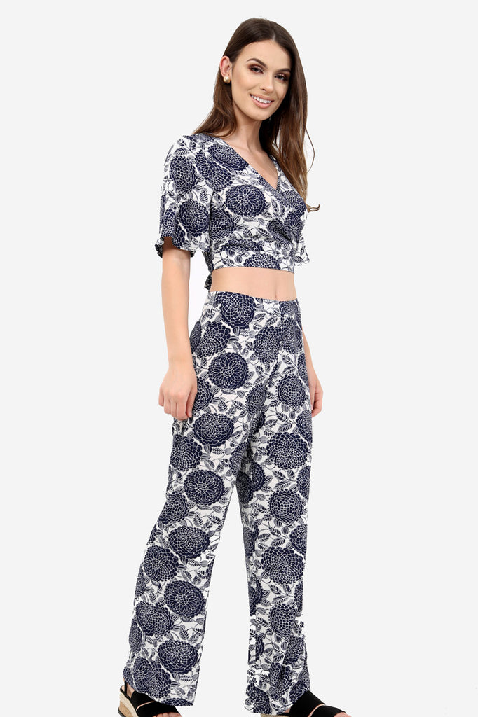 Blue Flared Floral Trousers