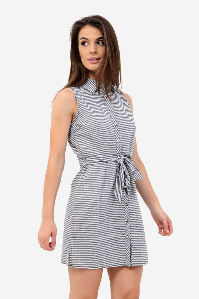 Grey Striped Sleeveless Shirt Dress