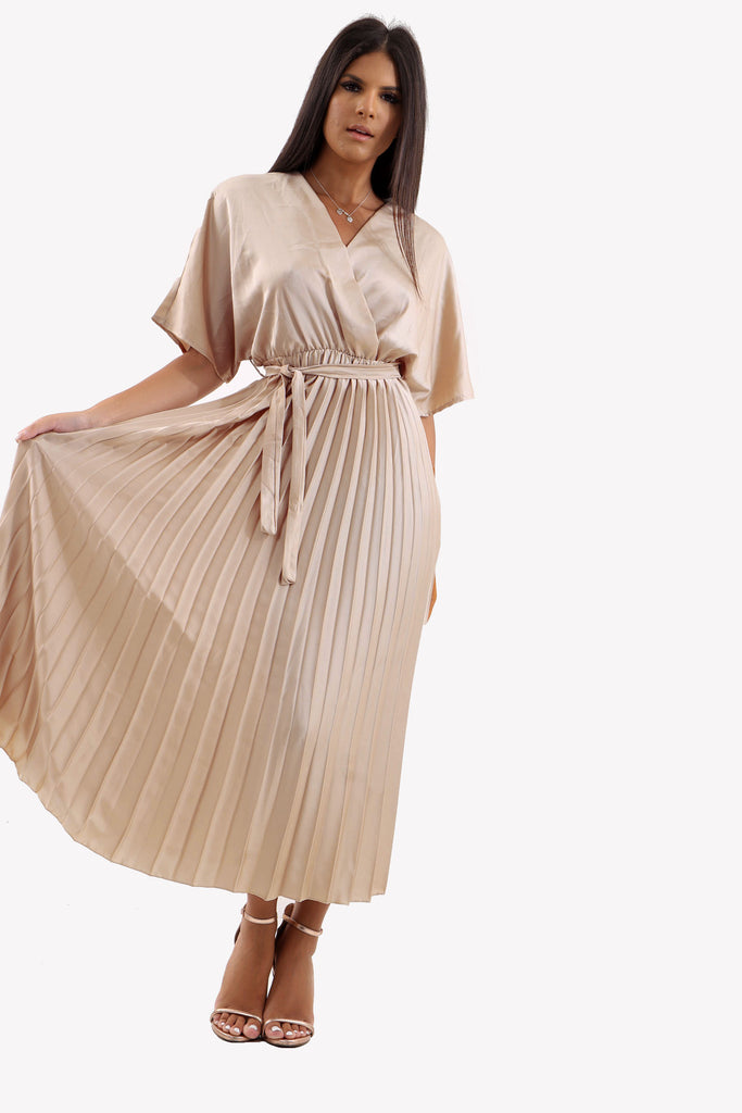 Champagne Satin Batwing Pleated Maxi Dress