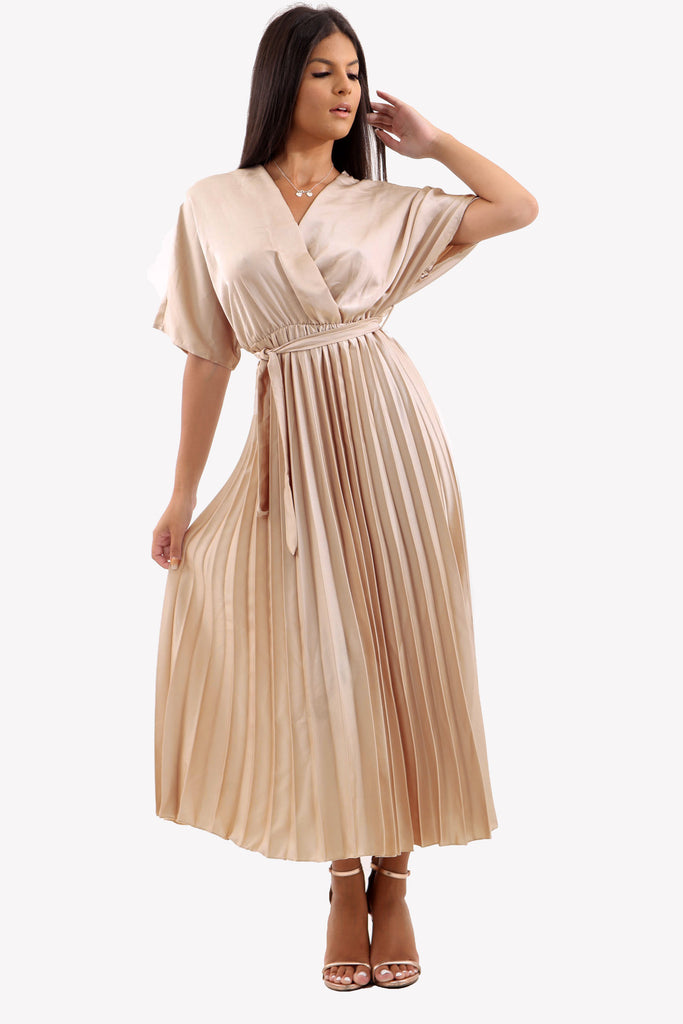 Champagne Satin Batwing Pleated Maxi Dress