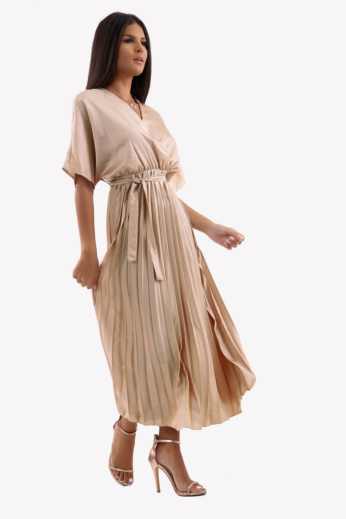 Champagne Satin Batwing Pleated Maxi Dress