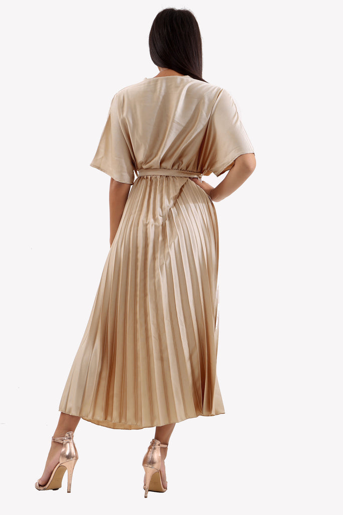 Champagne Satin Batwing Pleated Maxi Dress