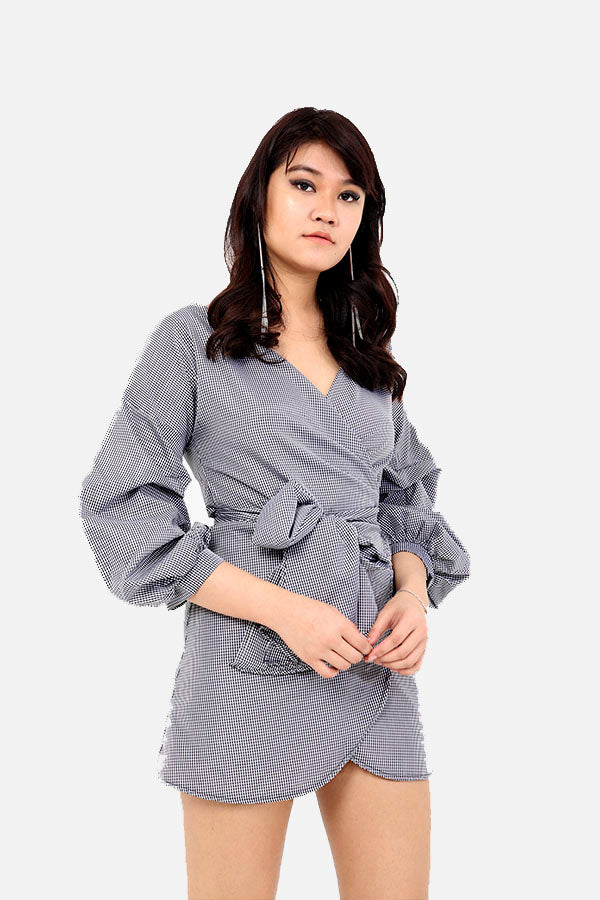 Grey Checkered Wrap Dress