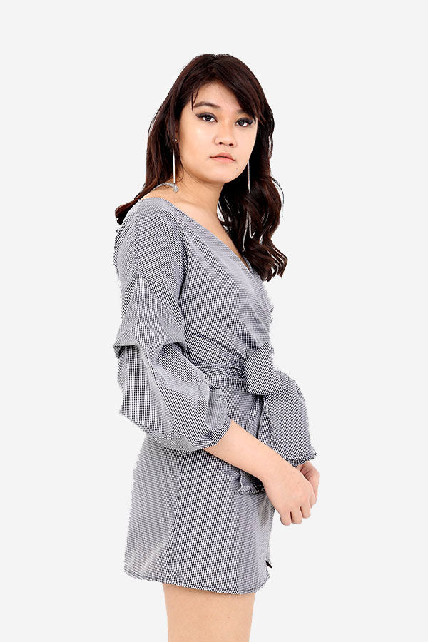 Grey Checkered Wrap Dress