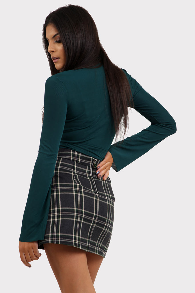 Charcoal Plaid Mini Skirt With Button Detail