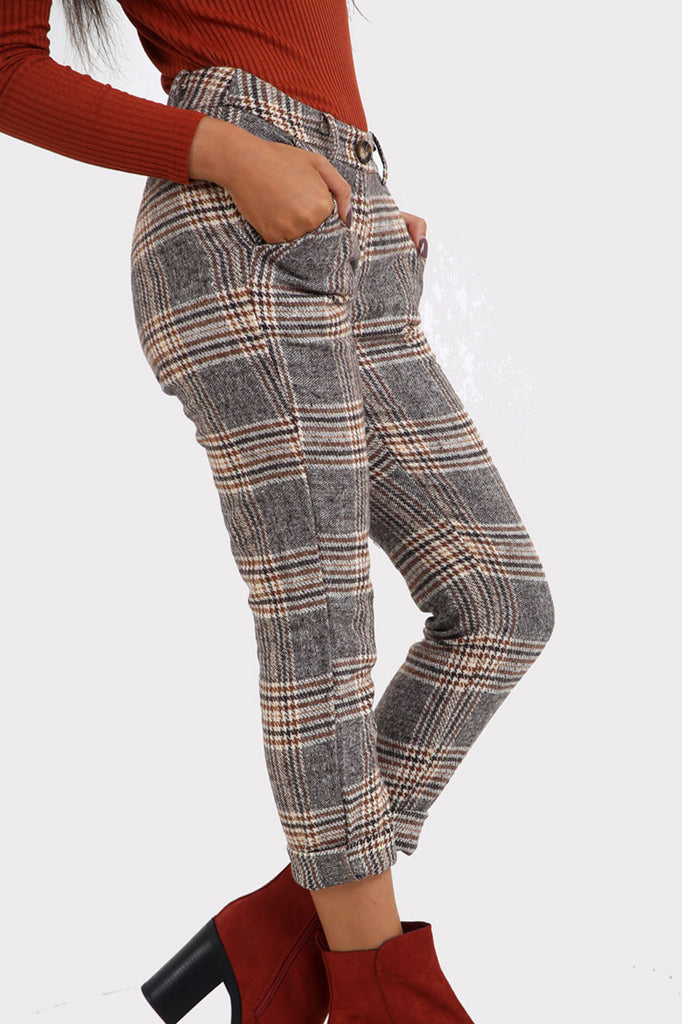 Grey Plaid Tapered Trousers