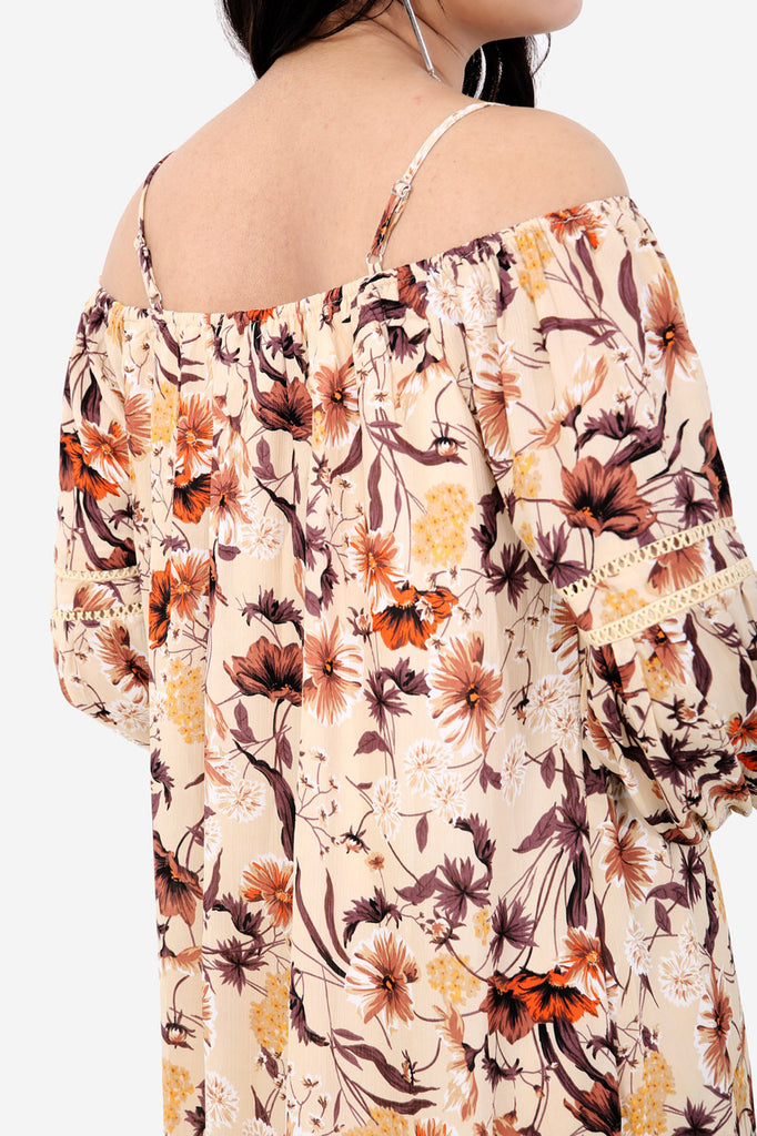 Cream Floral Cold Shoulder Shift Dress