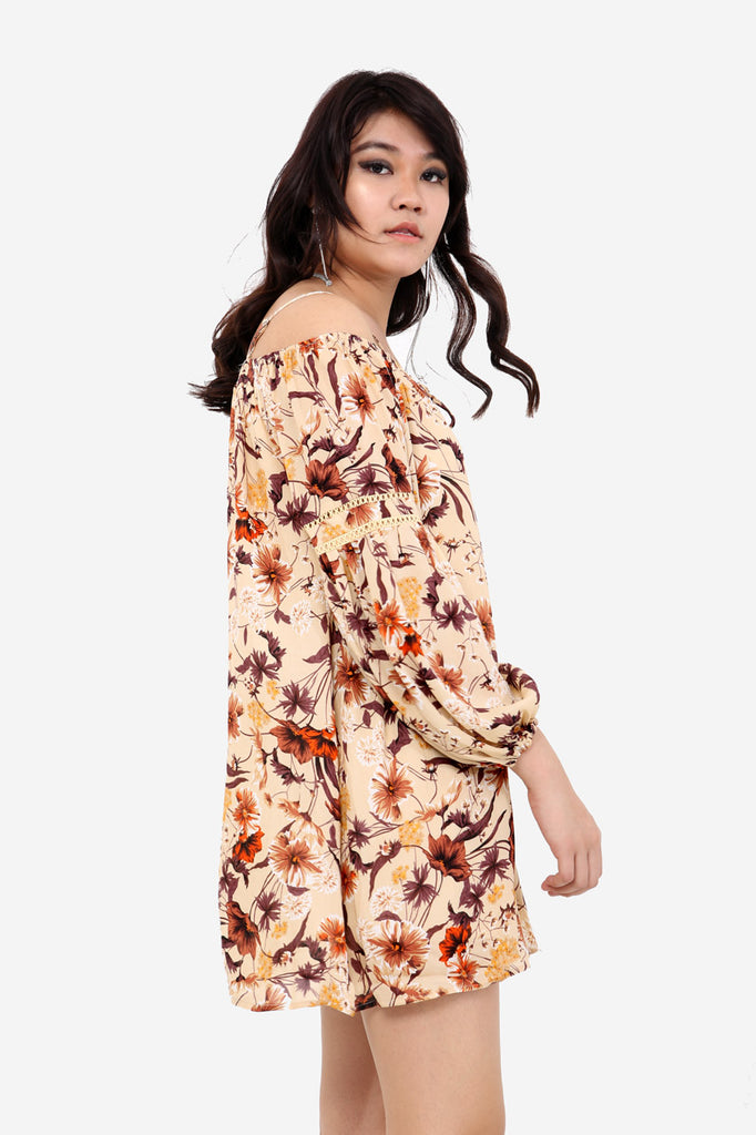 Cream Floral Cold Shoulder Shift Dress