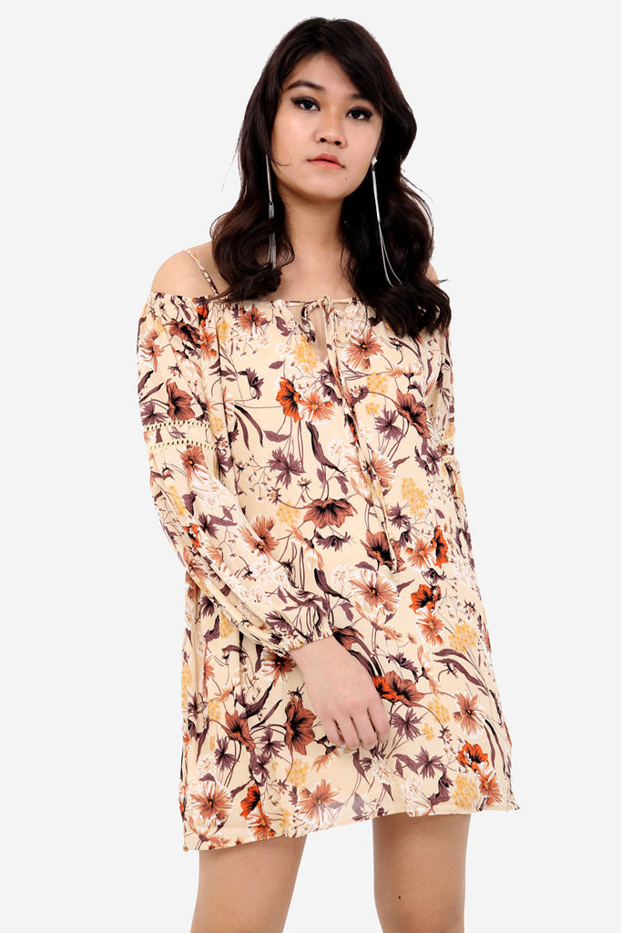 Cream Floral Cold Shoulder Shift Dress