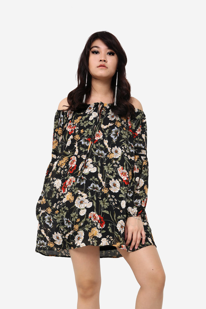 Black Floral Cold Shoulder Shift Dress