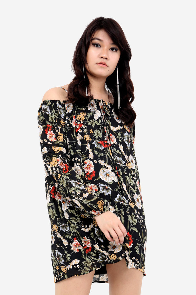 Black Floral Cold Shoulder Shift Dress