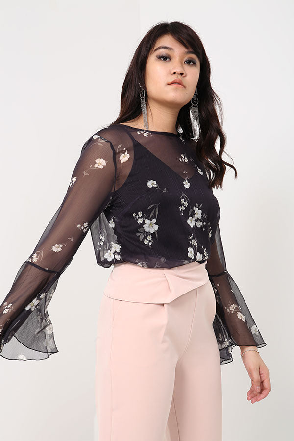 Transparent Floral Blouse With Flare Sleeves