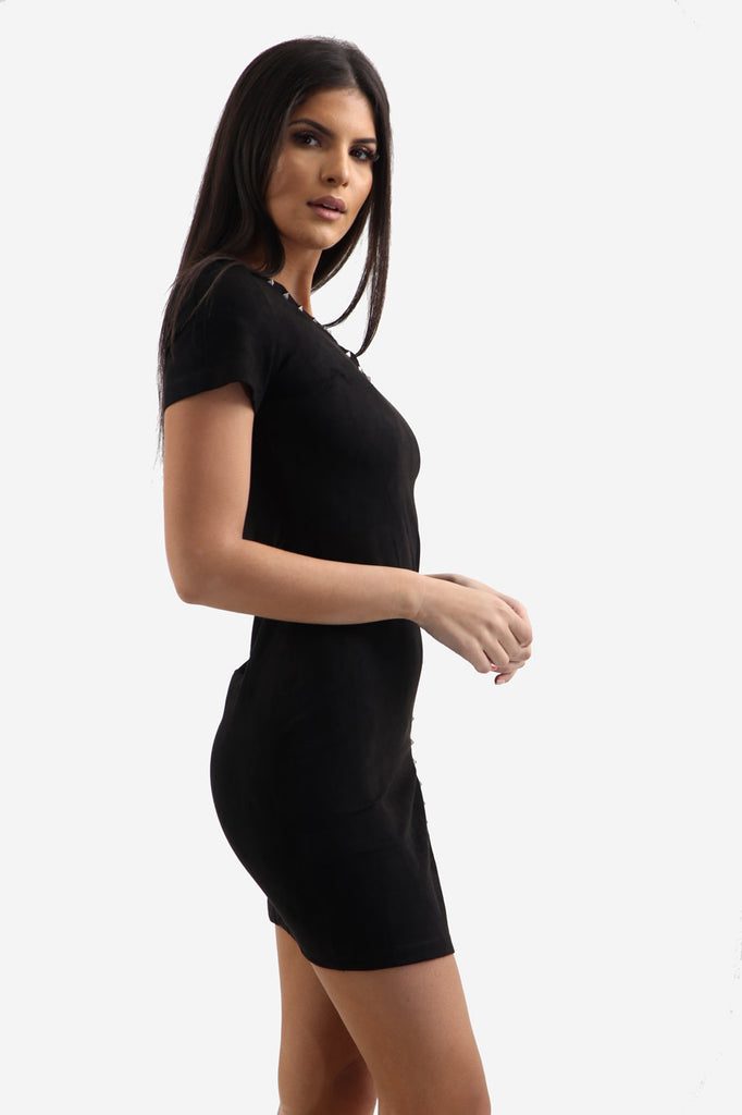 Black Faux Suede Cut Out Bodycon Dress