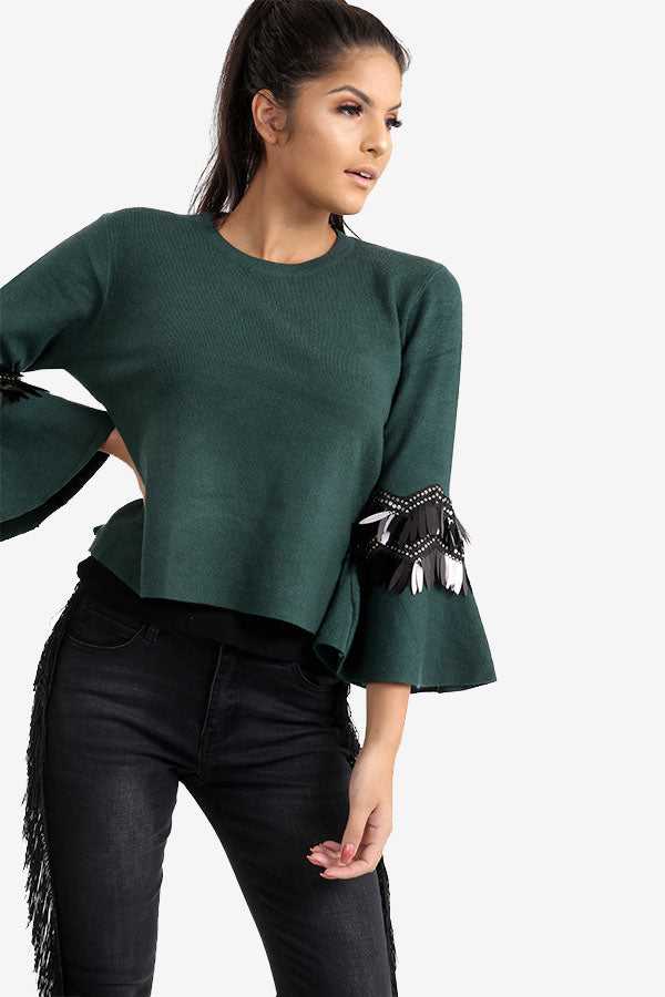 Green Flared Sleeve Jumper With Sequins