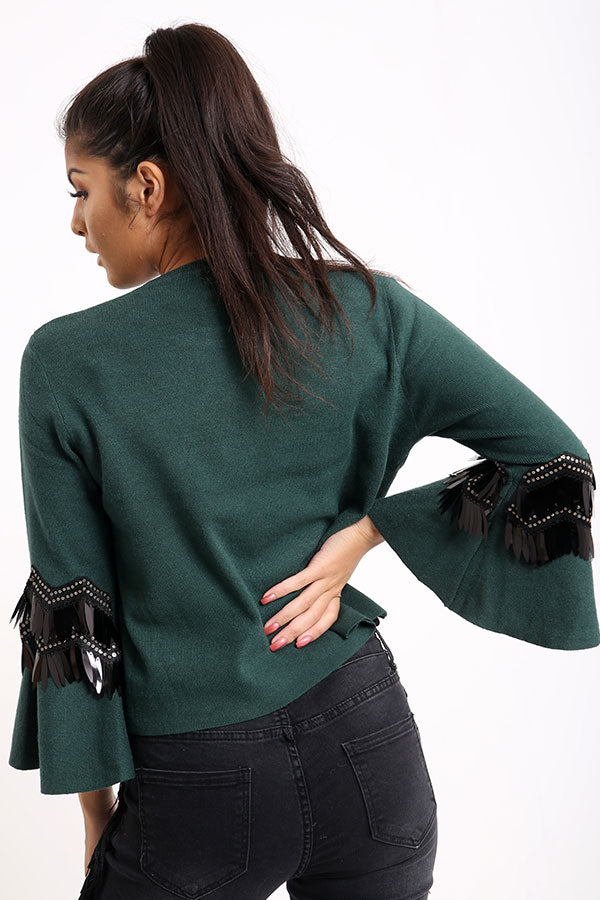 Green Flared Sleeve Jumper With Sequins