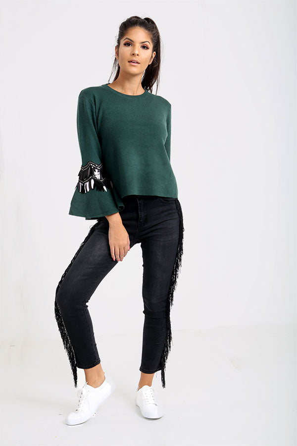 Green Flared Sleeve Jumper With Sequins