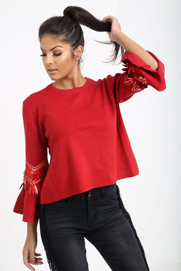 Red Flared Sleeve Jumper With Sequins