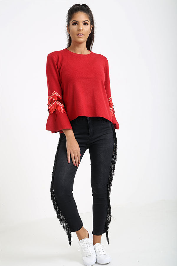 Red Flared Sleeve Jumper With Sequins