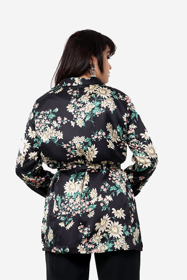 Long Floral Blazer With Tie Waist