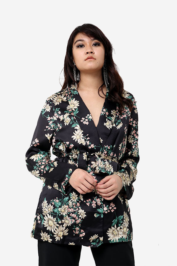 Long Floral Blazer With Tie Waist