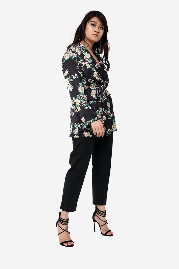 Long Floral Blazer With Tie Waist