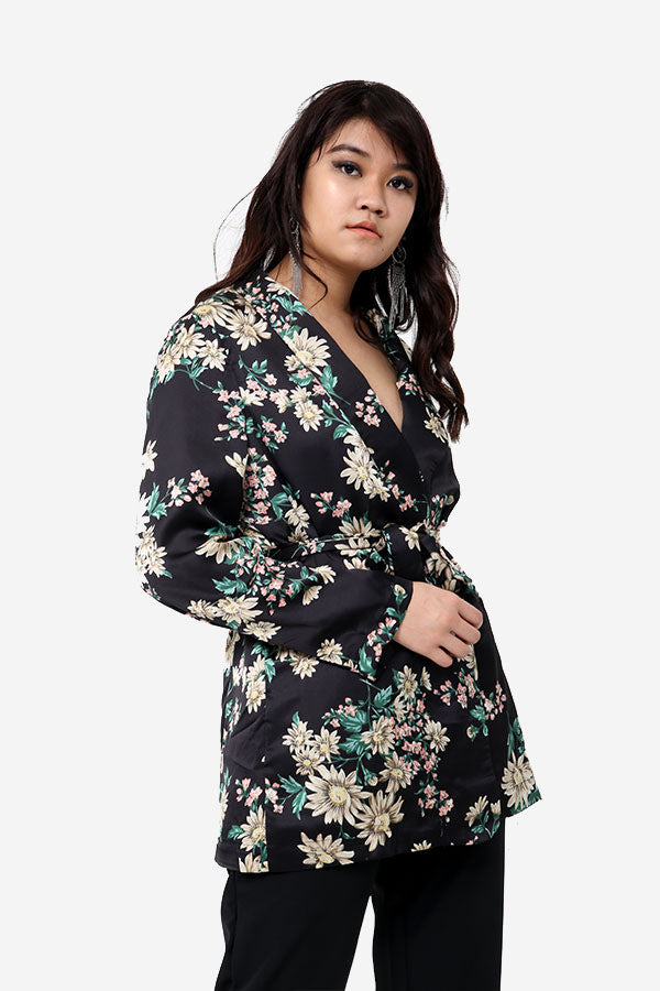 Long Floral Blazer With Tie Waist