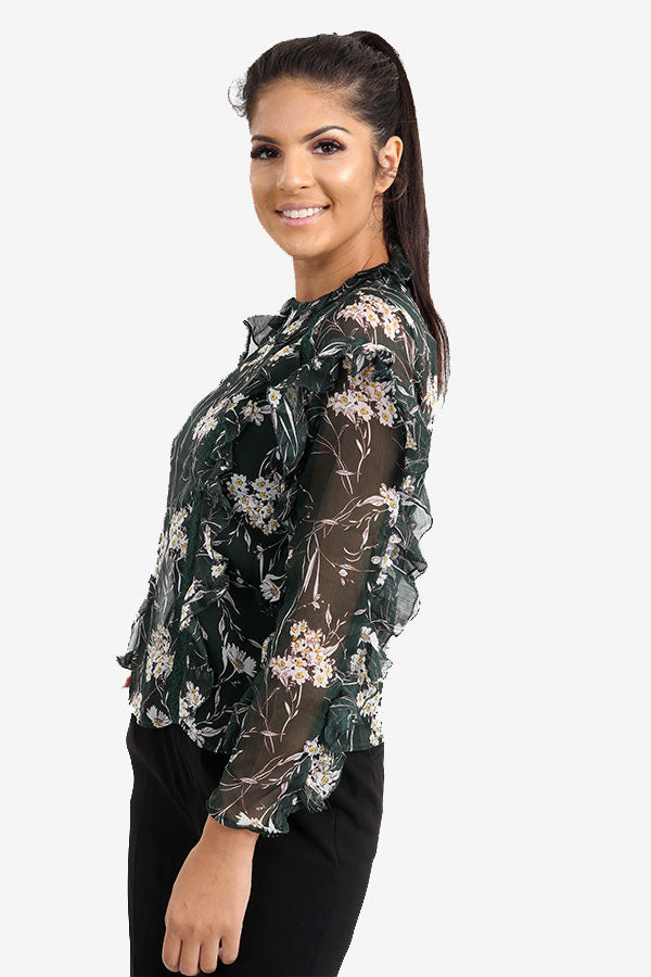 Green Floral Frill Top