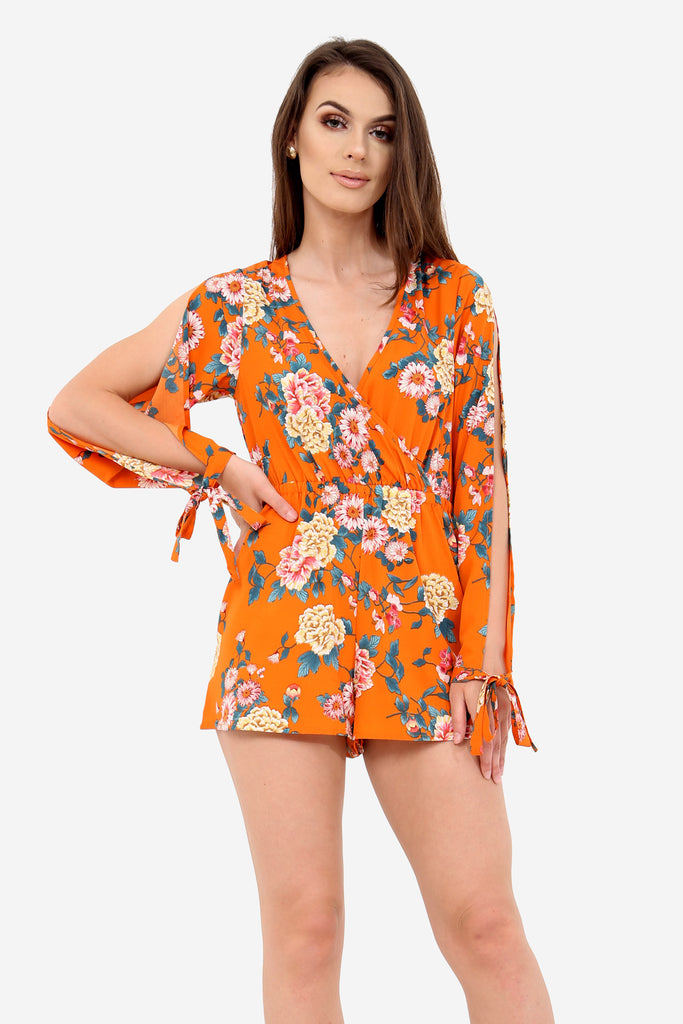 Orange Floral Long Sleeve Playsuit