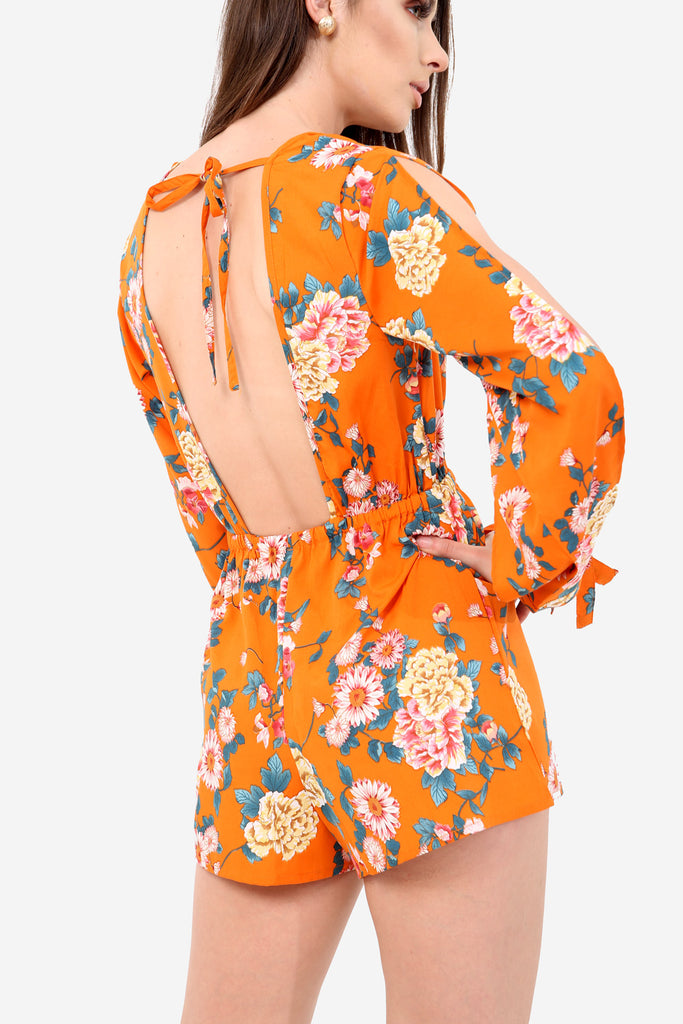 Orange Floral Long Sleeve Playsuit