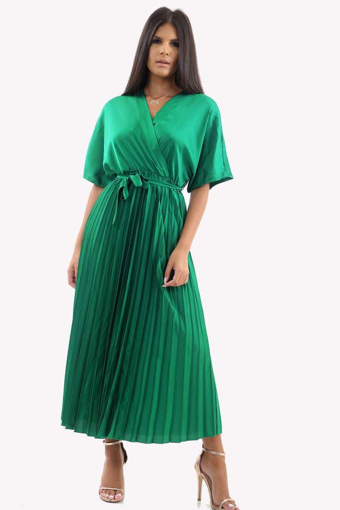 Satin Batwing Pleated Maxi Dress in Emerald Green