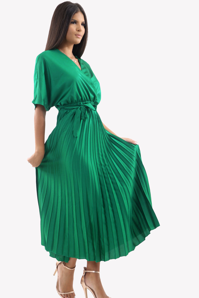 Satin Batwing Pleated Maxi Dress in Emerald Green