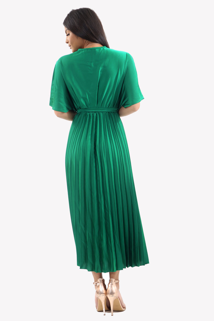 Satin Batwing Pleated Maxi Dress in Emerald Green