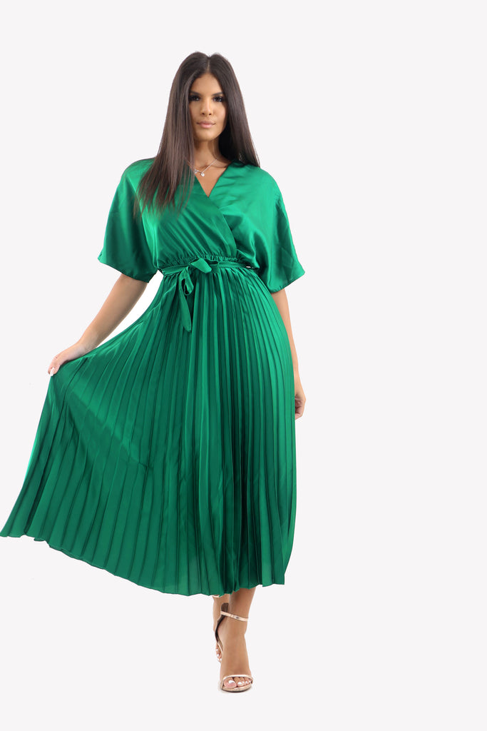 Satin Batwing Pleated Maxi Dress in Emerald Green