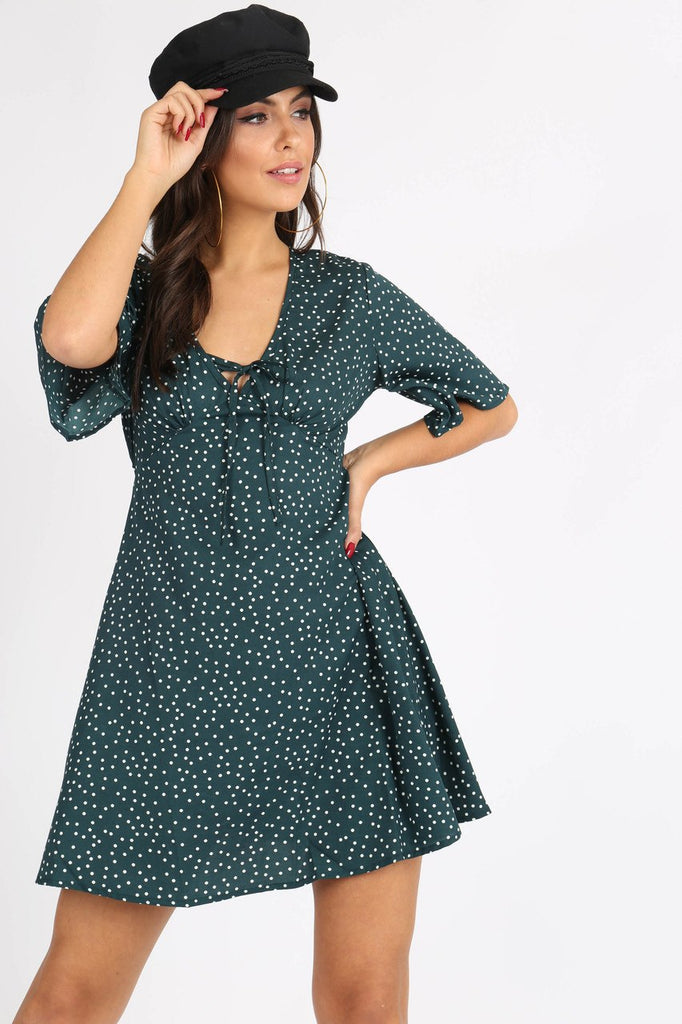 Green Polkadot Tie Front Mini Dress