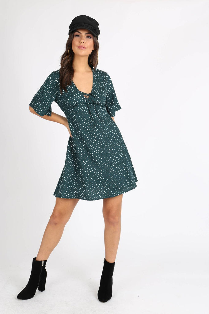 Green Polkadot Tie Front Mini Dress