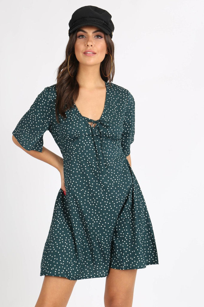 Green Polkadot Tie Front Mini Dress