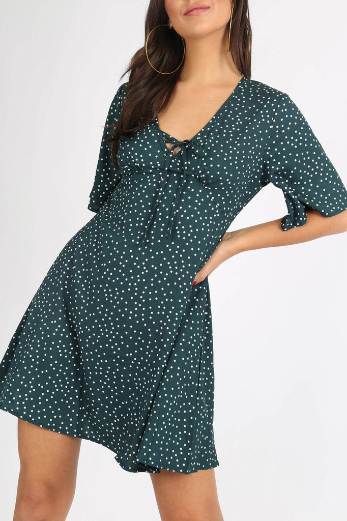 Green Polkadot Tie Front Mini Dress