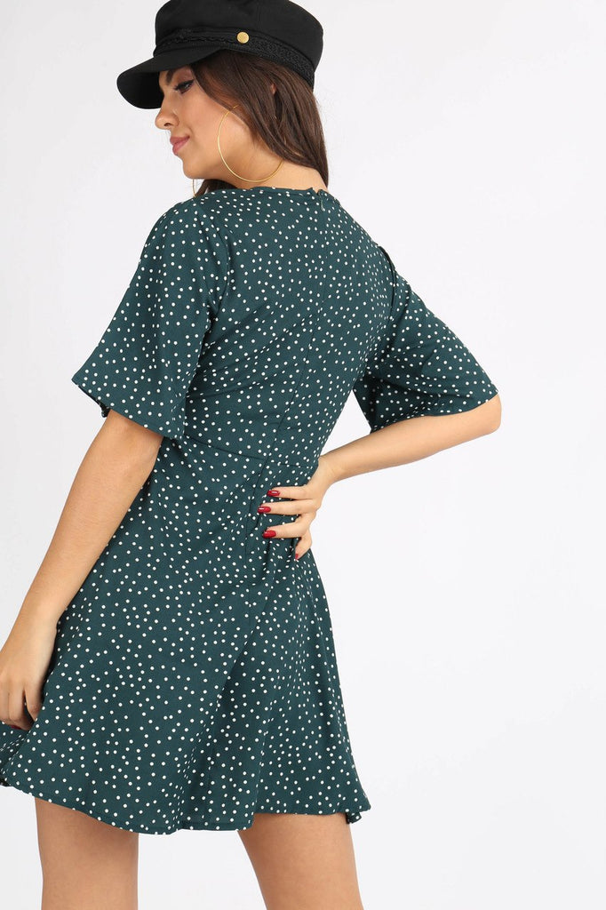 Green Polkadot Tie Front Mini Dress