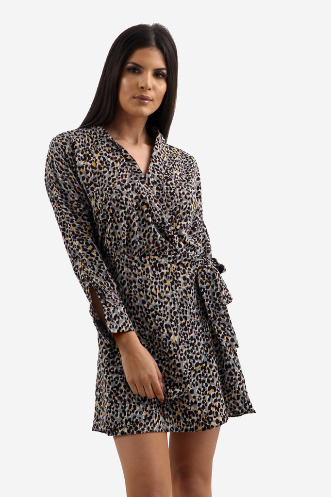 Grey Animal Print Tea Dress In Leopard Print