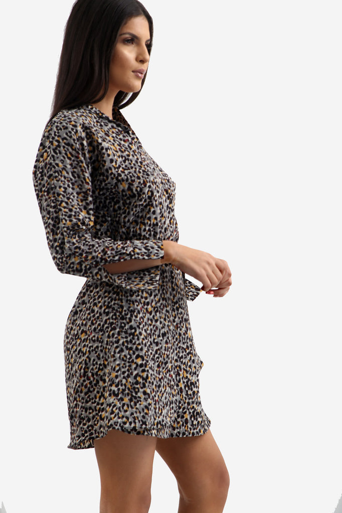 Grey Animal Print Tea Dress In Leopard Print