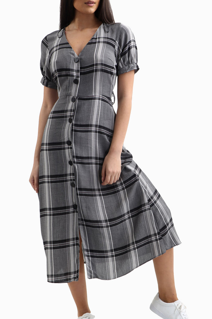 Grey Relaxed Button Down Plaid Dress