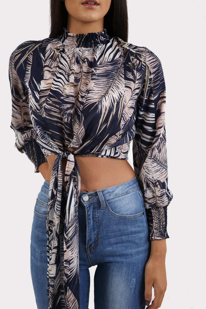 Navy Floral Tie Front Crop Top