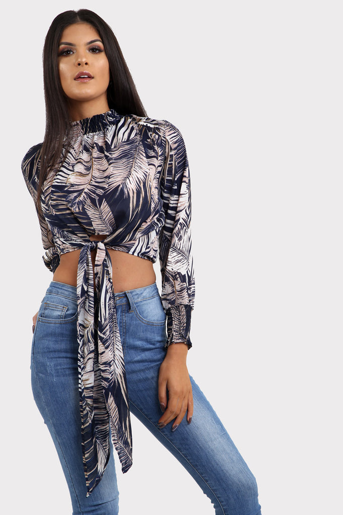 Navy Floral Tie Front Crop Top