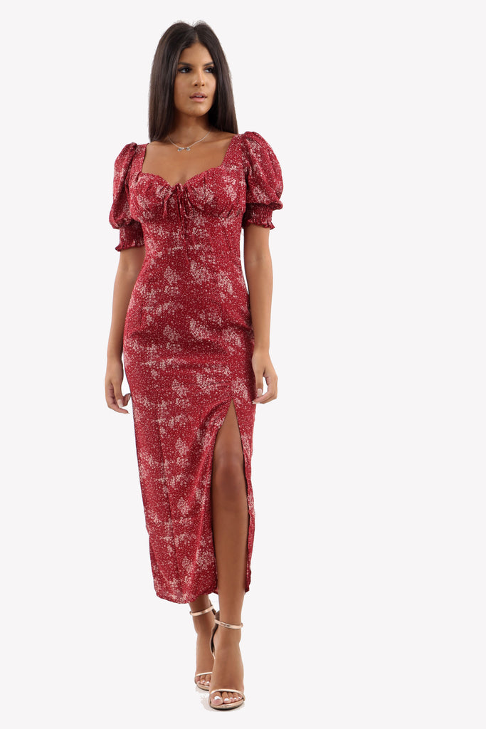 Red Ditsy Print Side Split Midi Dress