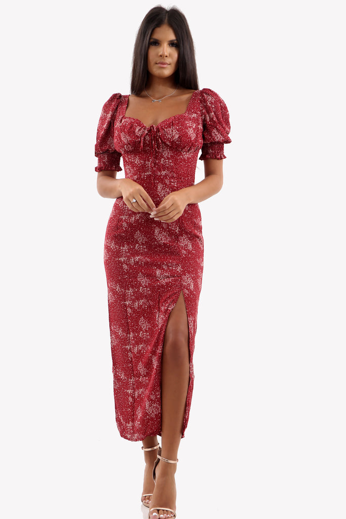 Red Ditsy Print Side Split Midi Dress