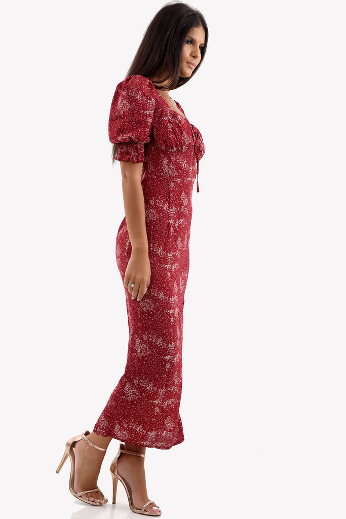 Red Ditsy Print Side Split Midi Dress