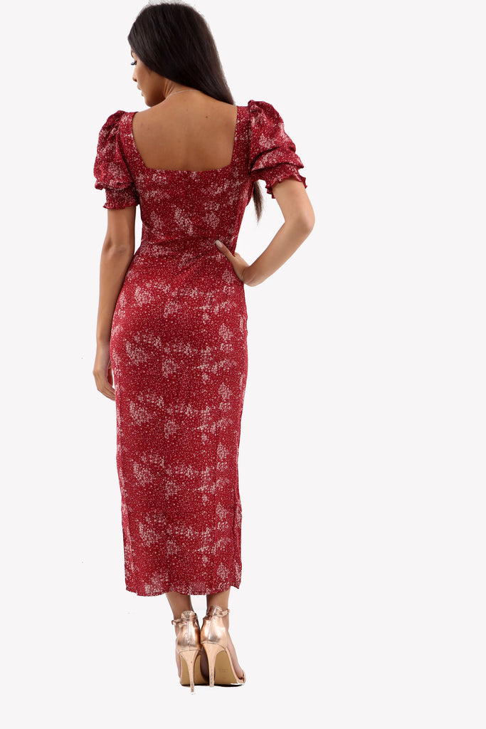 Red Ditsy Print Side Split Midi Dress