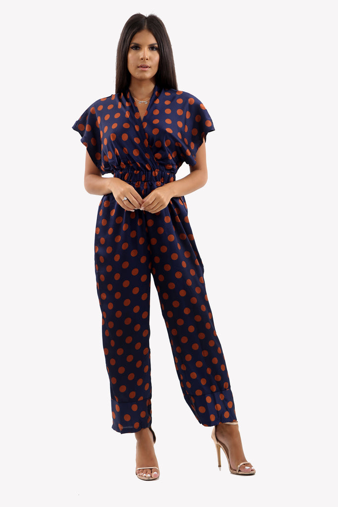 Navy Polka Dot Satin Jumpsuit With Deep V-Line