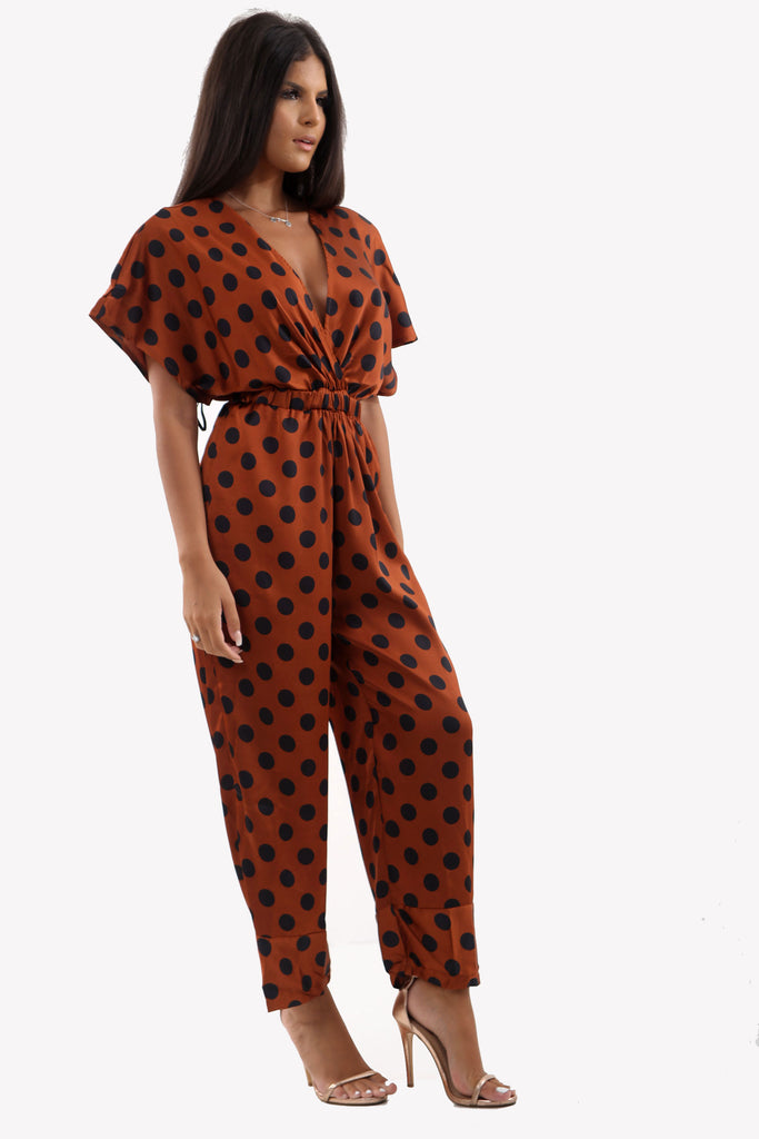 Rust Polka Dot Satin Jumpsuit With Deep V-Line